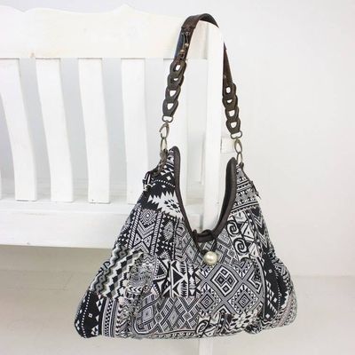 Alternate image for Cotton Blend Handmade Artisan Patchwork Shoulder Bag Graceful Geometry in Black