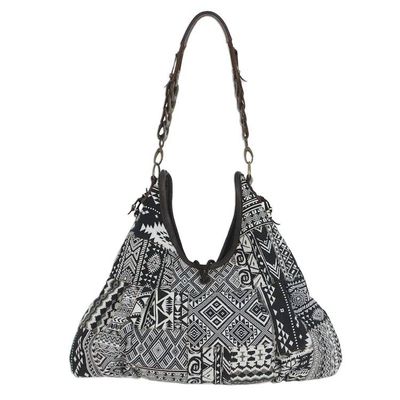 Alternate image for Cotton Blend Handmade Artisan Patchwork Shoulder Bag Graceful Geometry in Black