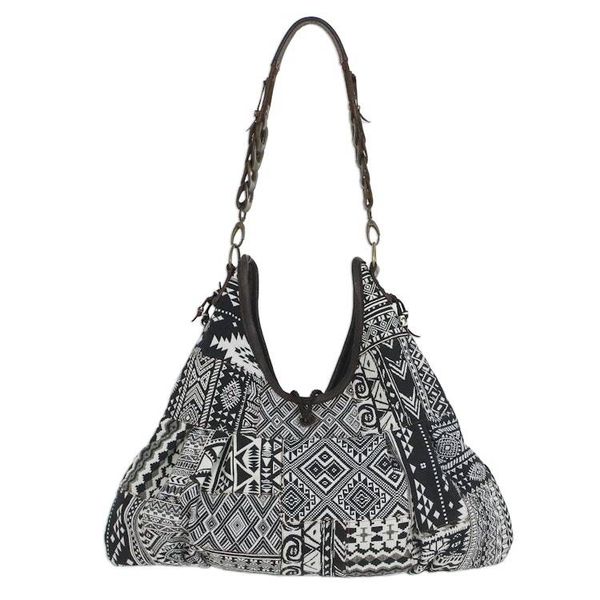 Alternate image for Cotton Blend Handmade Artisan Patchwork Shoulder Bag Graceful Geometry in Black
