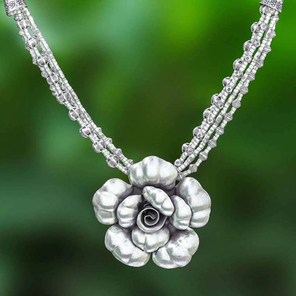 Karen Hill Tribe Silver Beaded Pendant Necklace Flower 'Karen Blossom'