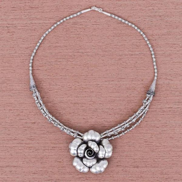 Alternate image for Karen Hill Tribe Silver Beaded Pendant Necklace Flower Karen Blossom