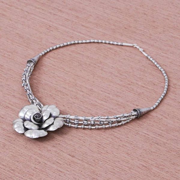 Alternate image for Karen Hill Tribe Silver Beaded Pendant Necklace Flower Karen Blossom