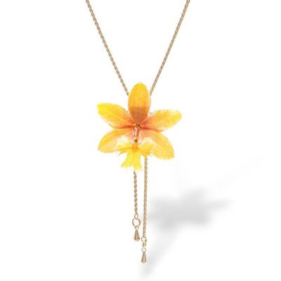 Primary image for Handmade Yellow Orchid Lariat Necklace with Golden Chain Luxurious Yellow