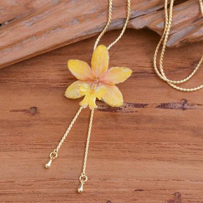Alternate image for Handmade Yellow Orchid Lariat Necklace with Golden Chain Luxurious Yellow
