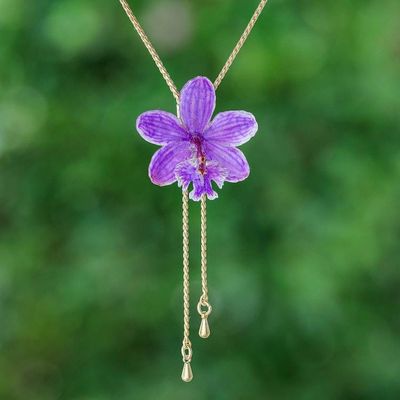 Primary image for Thai-Made Purple Bloom Lariat Necklace with 22k Gold Plating Luxurious Purple