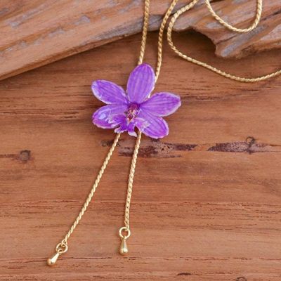 Alternate image for Thai-Made Purple Bloom Lariat Necklace with 22k Gold Plating Luxurious Purple