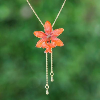 Primary image for Warm-Palette 22k Gold-Plated Orange Bloom Lariat Necklace Luxurious Sunset