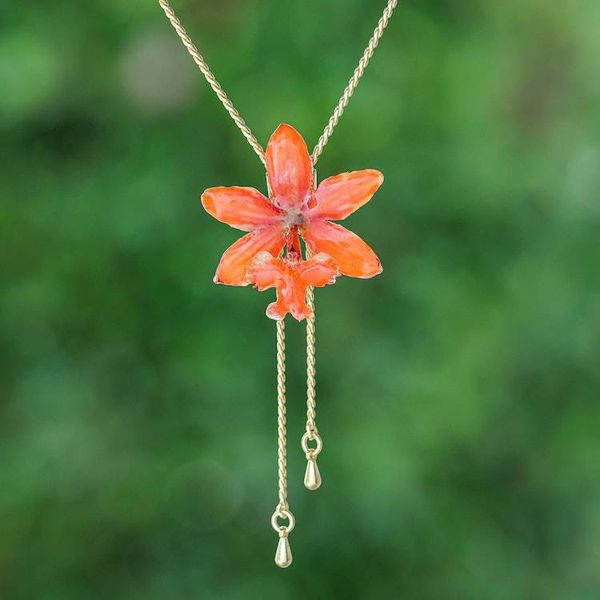 Alternate image for Warm-Palette 22k Gold-Plated Orange Bloom Lariat Necklace Luxurious Sunset