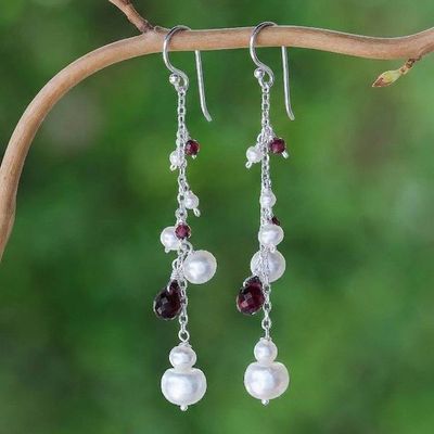 Primary image for Cultured Pearl Garnet Sterling Silver Waterfall Earrings Fiery Luster