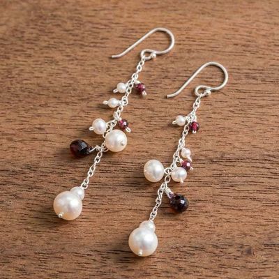 Alternate image for Cultured Pearl Garnet Sterling Silver Waterfall Earrings Fiery Luster
