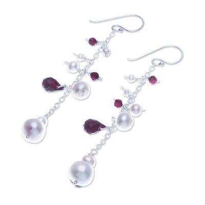 Alternate image for Cultured Pearl Garnet Sterling Silver Waterfall Earrings Fiery Luster