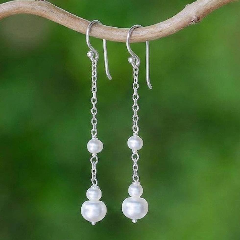 Timeless Cultured Pearl Sterling Silver Dangle Earrings 'Luminous Sophistication'
