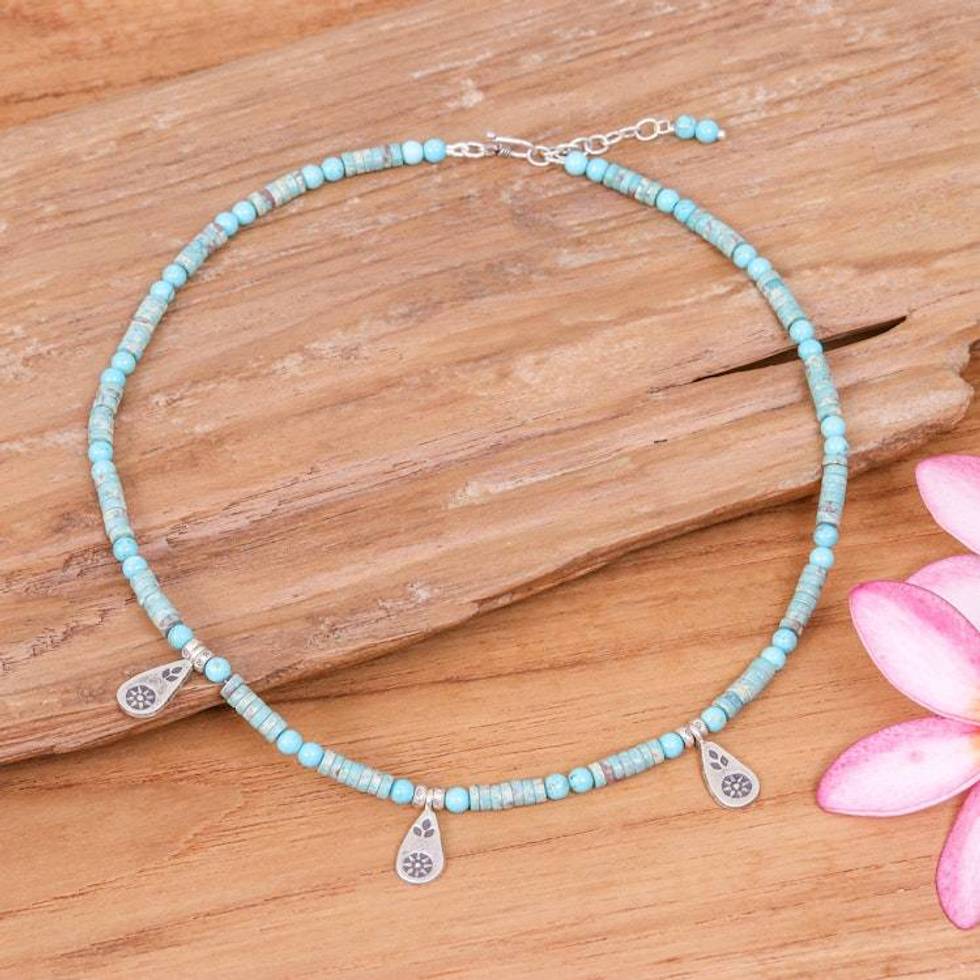 Recon Turquoise Beaded Necklace with Karen Silver Charms 'Summer Charms'
