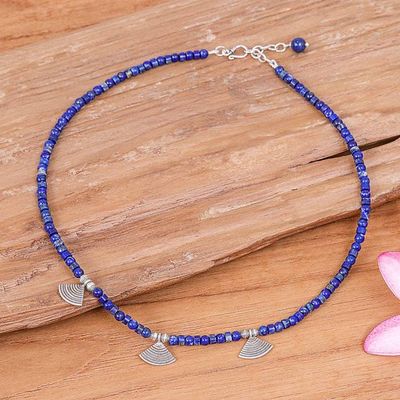 Alternate image for Lapis Lazuli Beaded Necklace with Fan-Shaped Silver Charms Intellectual Amulet