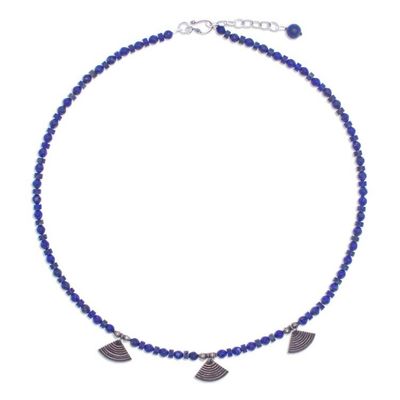 Alternate image for Lapis Lazuli Beaded Necklace with Fan-Shaped Silver Charms Intellectual Amulet