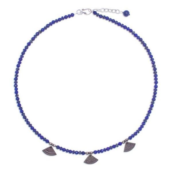 Alternate image for Lapis Lazuli Beaded Necklace with Fan-Shaped Silver Charms Intellectual Amulet