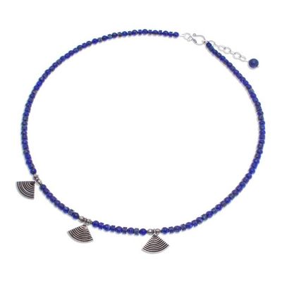 Alternate image for Lapis Lazuli Beaded Necklace with Fan-Shaped Silver Charms Intellectual Amulet
