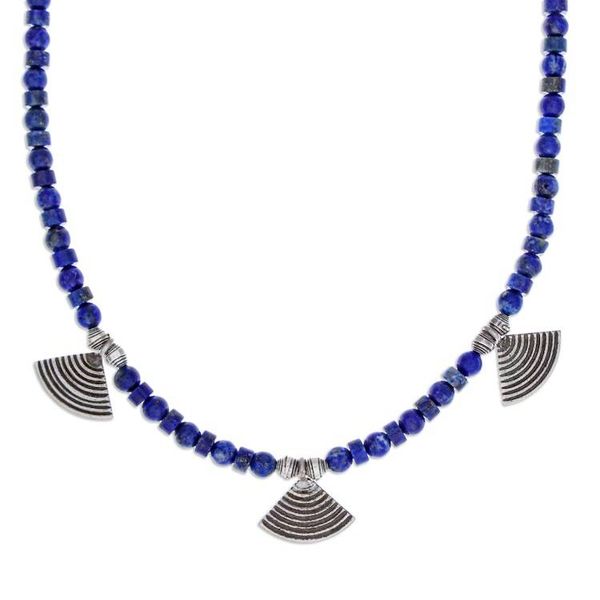 Alternate image for Lapis Lazuli Beaded Necklace with Fan-Shaped Silver Charms Intellectual Amulet