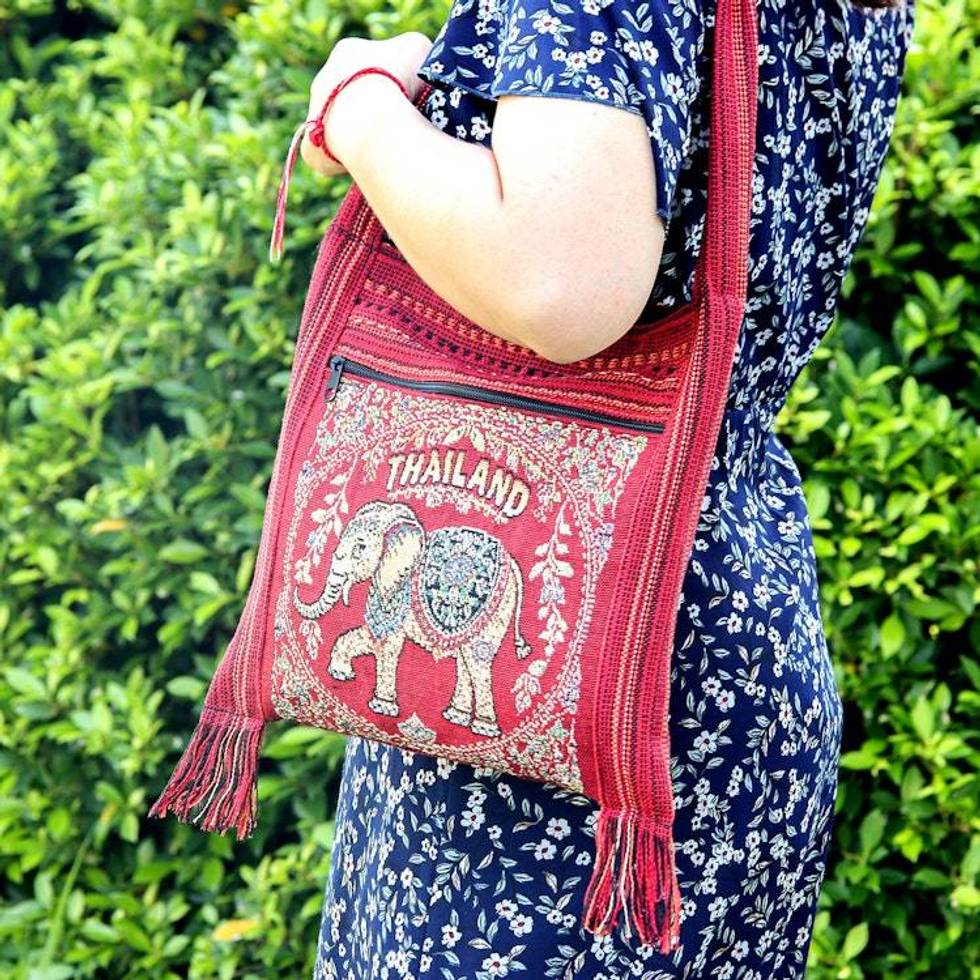 Elephant-Themed Red Fringed Sling Bag with Handwoven Accents 'Joyful Journey'