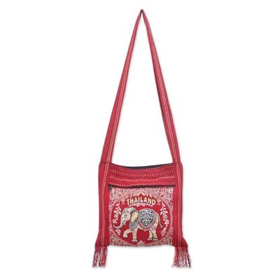 Alternate image for Elephant-Themed Red Fringed Sling Bag with Handwoven Accents Joyful Journey
