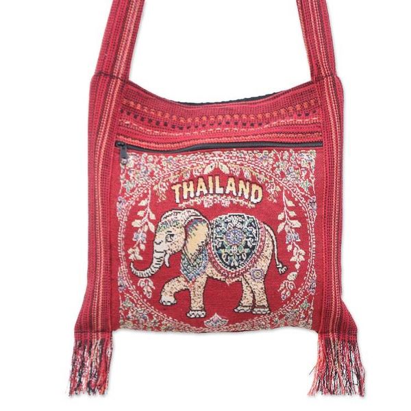 Alternate image for Elephant-Themed Red Fringed Sling Bag with Handwoven Accents Joyful Journey