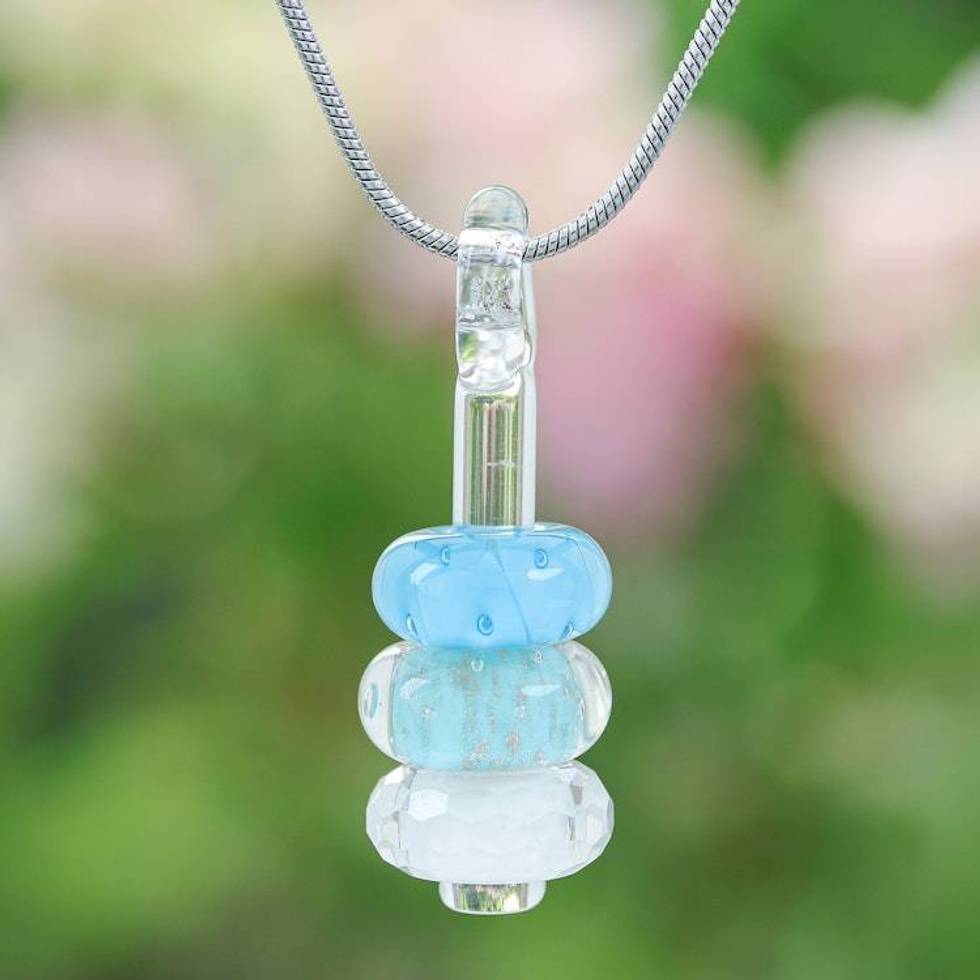 Handmade Blue and White Glass Beaded Pendant Necklace 'Heavenly Amulets'