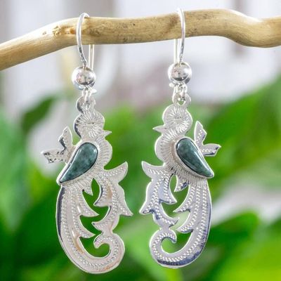Primary image for Hand Crafted Sterling Silver Bird Earrings with Jade Wing Forest Quetzal
