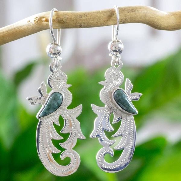 Alternate image for Hand Crafted Sterling Silver Bird Earrings with Jade Wing Forest Quetzal