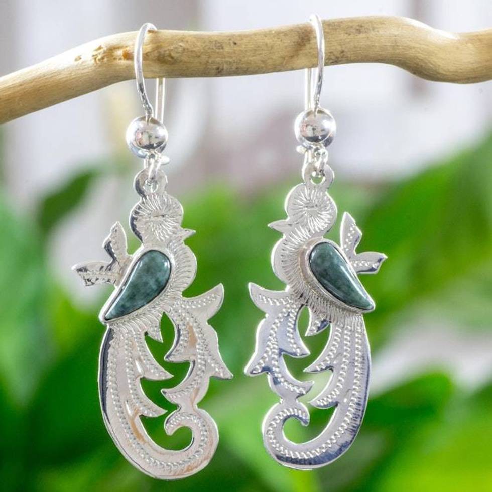 Hand Crafted Sterling Silver Bird Earrings with Jade Wing 'Forest Quetzal'