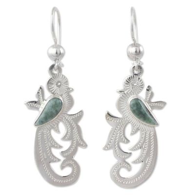 Alternate image for Hand Crafted Sterling Silver Bird Earrings with Jade Wing Forest Quetzal