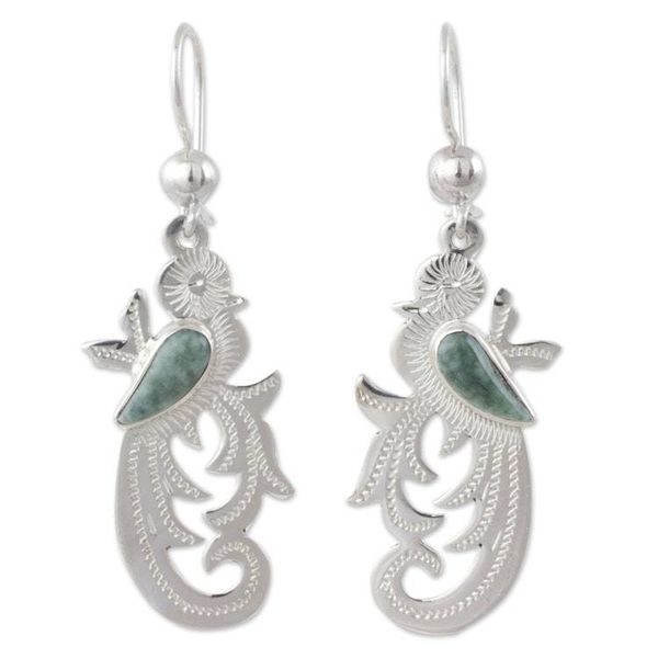 Alternate image for Hand Crafted Sterling Silver Bird Earrings with Jade Wing Forest Quetzal