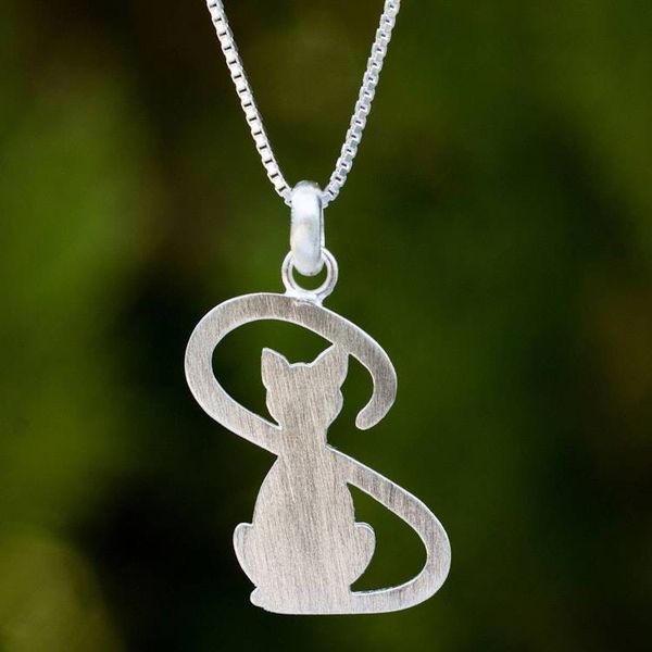 Alternate image for Thailand Artisan Crafted Silver Cat Necklace Shadow Cat