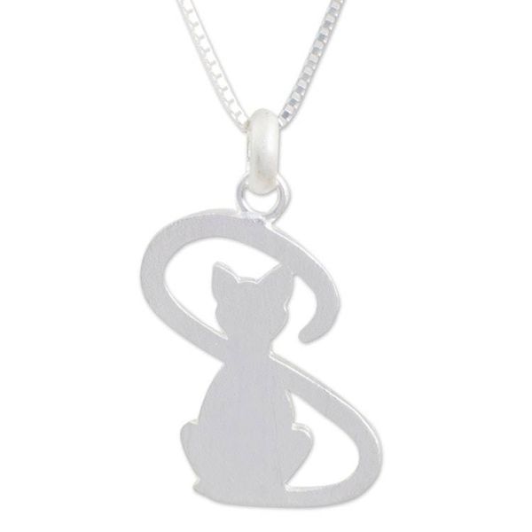 Alternate image for Thailand Artisan Crafted Silver Cat Necklace Shadow Cat