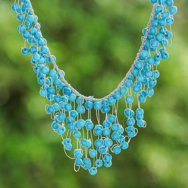 Alternate image for Glass Beaded Waterfall Necklace in Sky Blue from Thailand Fantasy Rain in Sky Blue