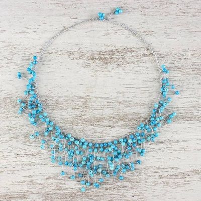 Alternate image for Glass Beaded Waterfall Necklace in Sky Blue from Thailand Fantasy Rain in Sky Blue