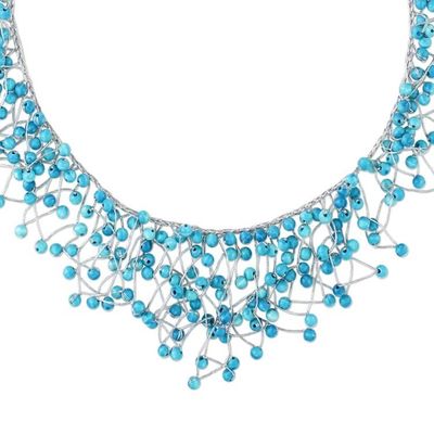 Alternate image for Glass Beaded Waterfall Necklace in Sky Blue from Thailand Fantasy Rain in Sky Blue