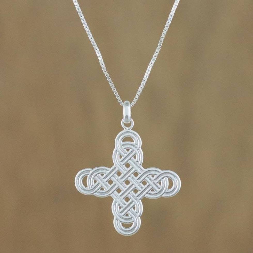 Interconnected Loop Cross Sterling Silver Pendant Necklace 'Twining Cross'