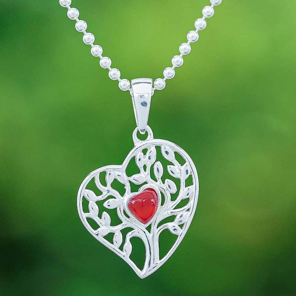 Carnelian Silver Heart Tree of Life-Themed Pendant Necklace 'Red Tree of Love'