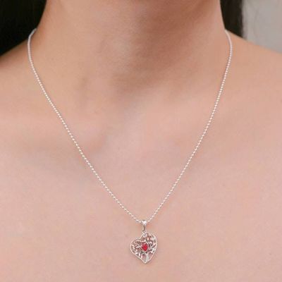Alternate image for Carnelian Silver Heart Tree of Life-Themed Pendant Necklace Red Tree of Love
