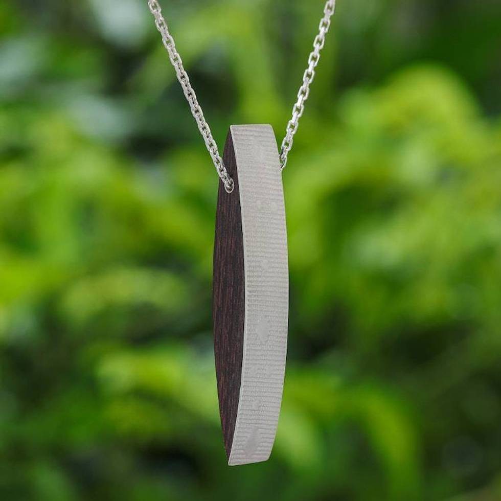 Sterling Silver and Wood Pendant Necklace 2.7 In. 'Modern Sliver'