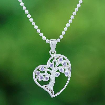 Alternate image for Amethyst Silver Heart Tree of Life-Themed Pendant Necklace Radiant Heart Tree