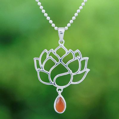 Alternate image for Openwork Carnelian Silver Chakra Floral Pendant Necklace Orange Chakra Bloom