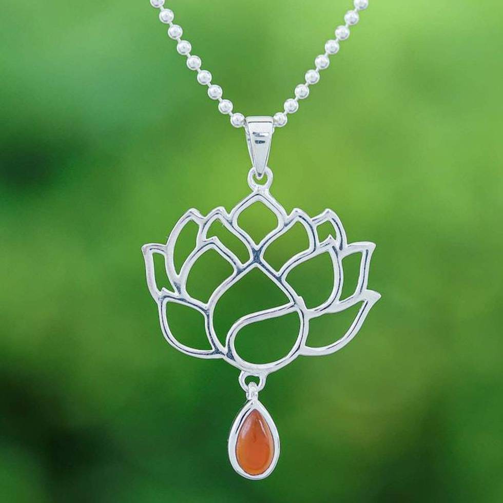 Openwork Carnelian Silver Chakra Floral Pendant Necklace 'Orange Chakra Bloom'