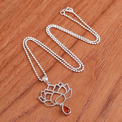Alternate image for Openwork Carnelian Silver Chakra Floral Pendant Necklace Orange Chakra Bloom