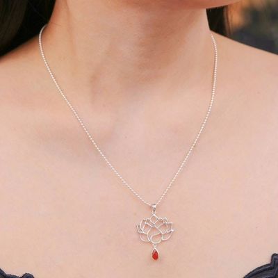 Alternate image for Openwork Carnelian Silver Chakra Floral Pendant Necklace Orange Chakra Bloom
