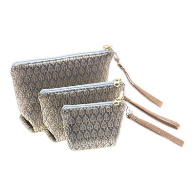Alternate image for Set of 3 Handmade Thai Cosmetic Bags in Grey and Yellow Baroque Trio
