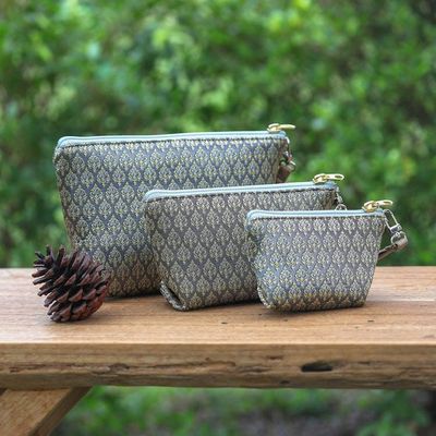 Alternate image for Set of 3 Handmade Thai Cosmetic Bags in Grey and Yellow Baroque Trio