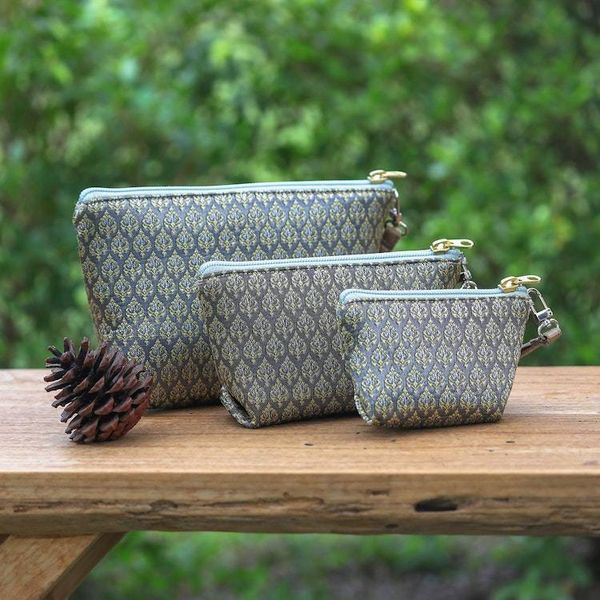 Alternate image for Set of 3 Handmade Thai Cosmetic Bags in Grey and Yellow Baroque Trio