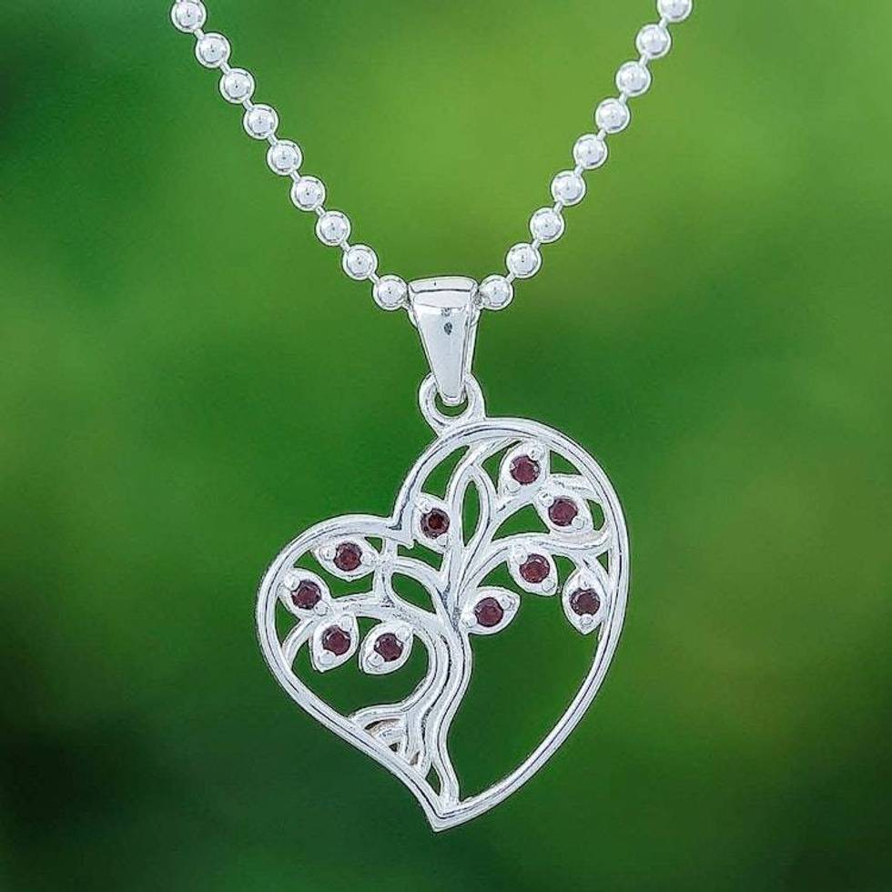 Garnet Silver Heart and Tree of Life-Themed Pendant Necklace 'Fiery Heart Tree'
