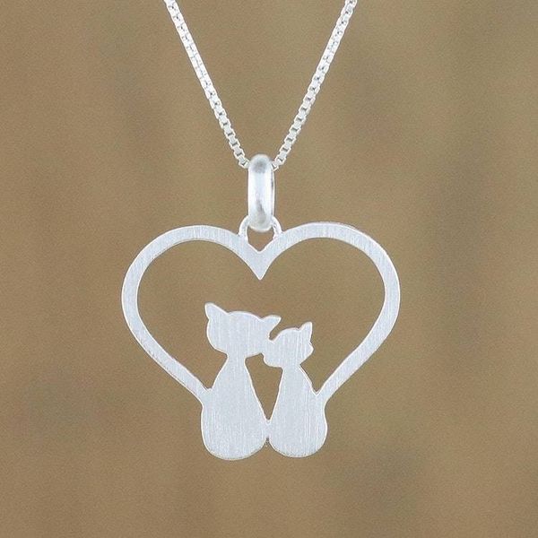 Alternate image for Loving Sterling Silver Cat Pendant Necklace from Thailand Cats in Love